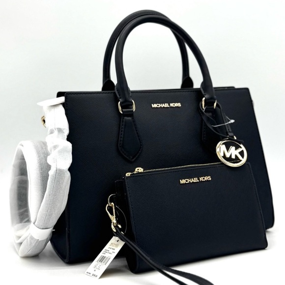 Michael Kors Sheila Medium Satchel Bag & Double Zip Wallet Black/Gold - Picture 1 of 13